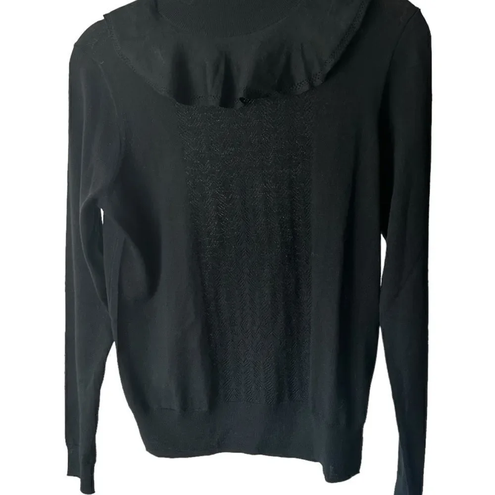 J.CREW Ruffle Mockneck Black sweater Pointelle Stitch